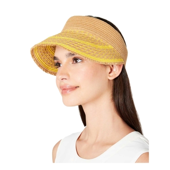 INC International Concepts Accessories - INC Womens Yellow Striped Straw Elastic Frayed Edge Visor Hat, One Size